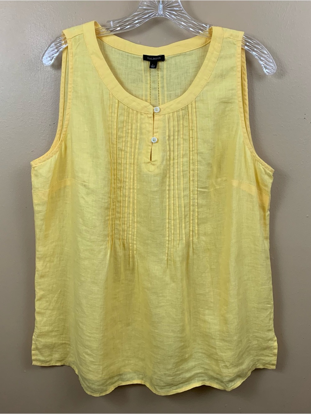 Talbots Top Womens Large Yellow 100% Linen Pintuck Casual Sleeveless Tank Shirt